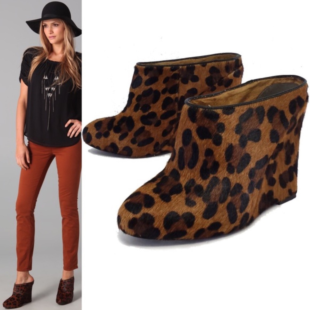 Joie Live It Up Leopard Wedge Mules Pony Hair Poin